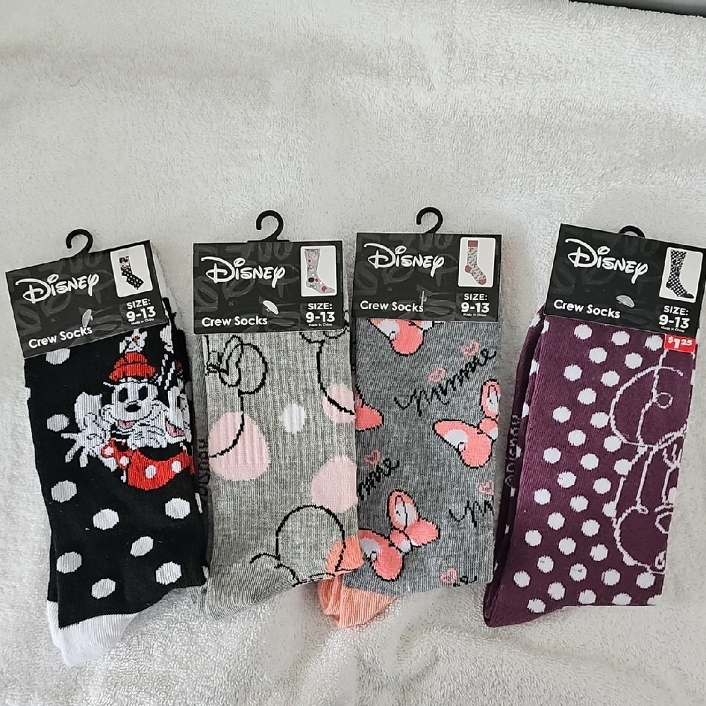 Disney 4 Pair Minnie Mouse Crew Socks Set - Black, Gray, Pink, Purple